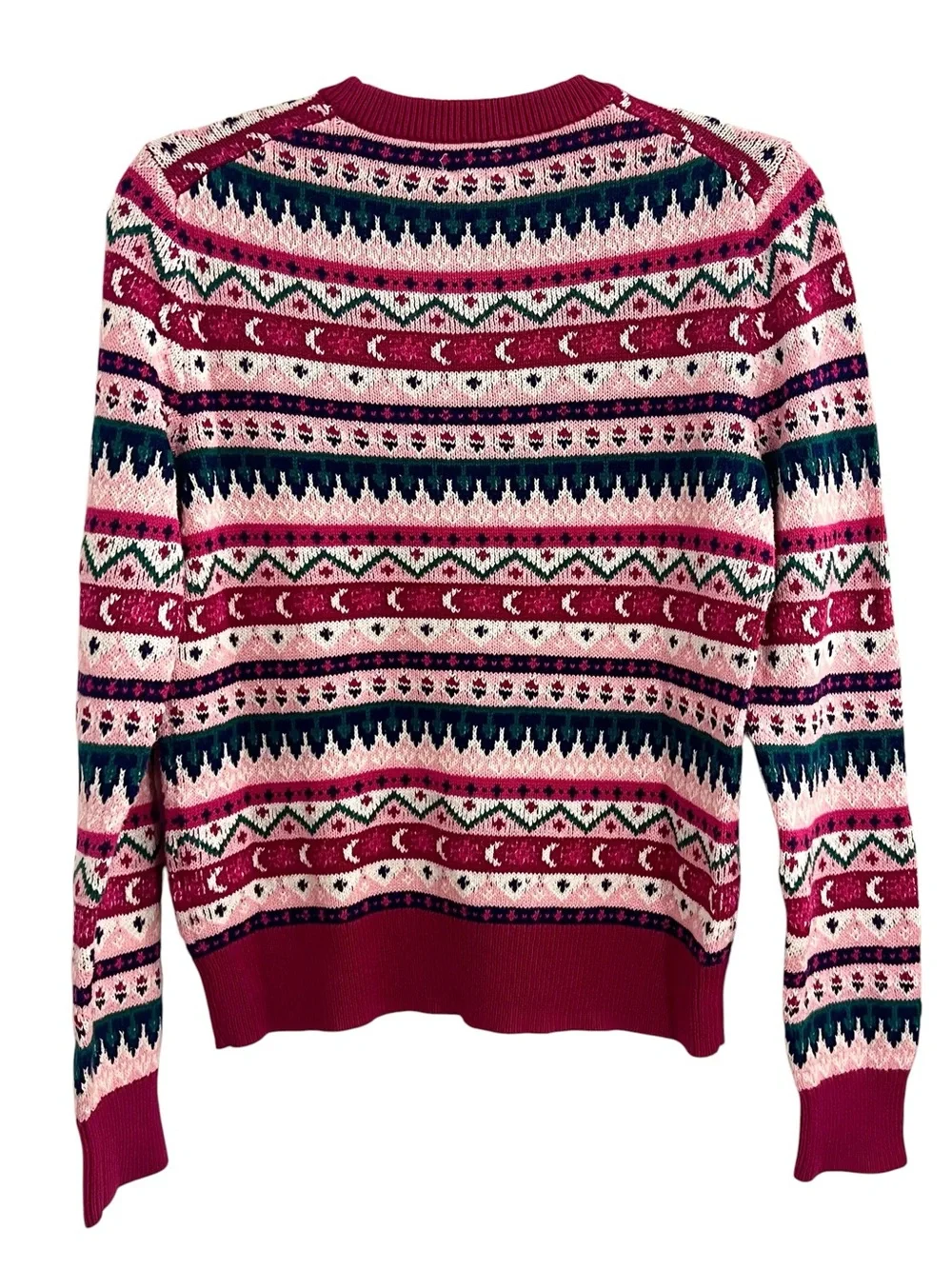 J. Crew Pink & Green Fair Isle Cotton Crewneck Sweater